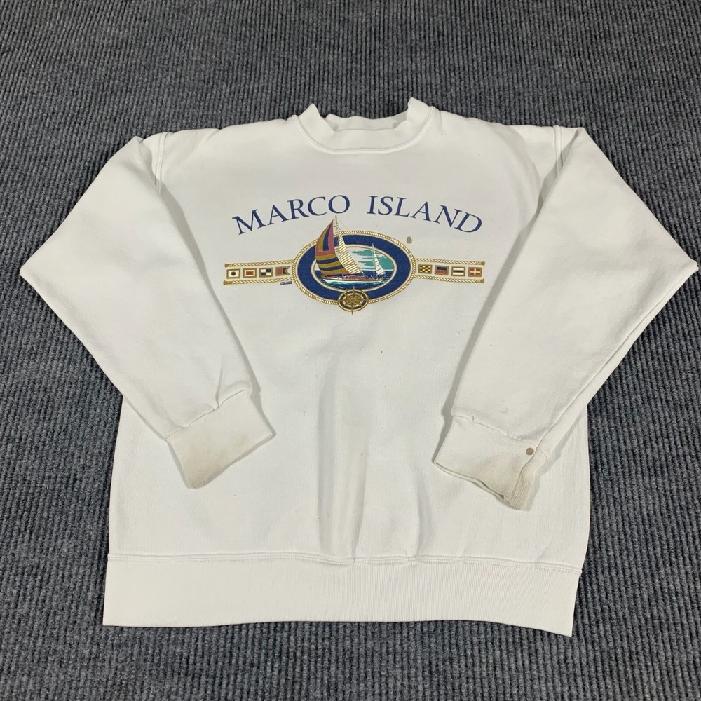 VTG Tultex Sweatshirt Men's Medium White‎ Pullover Crew Neck Marco Island Retro